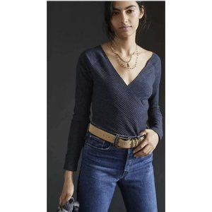 Anthropologie Maeve Dark Gray Ribbed Knit V Neck Top Size XL New NWT RARE HTF